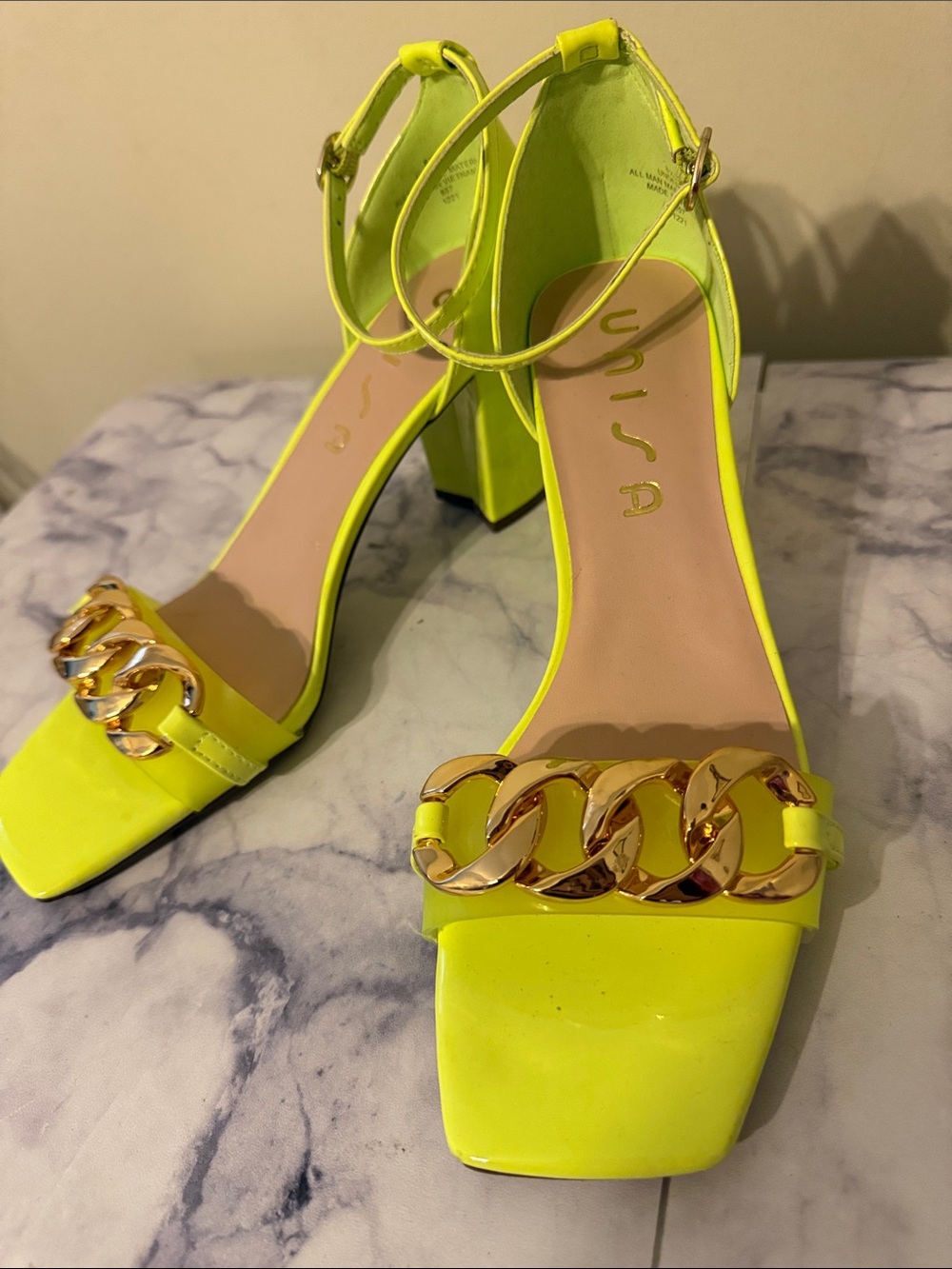 Unisa Neon Yellow Block Heel Sandals with Gold Chain